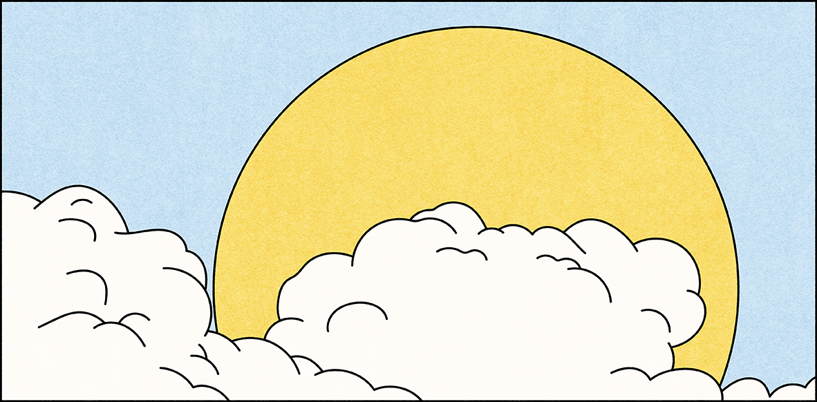 Illustration of clouds with a giant sun in the background