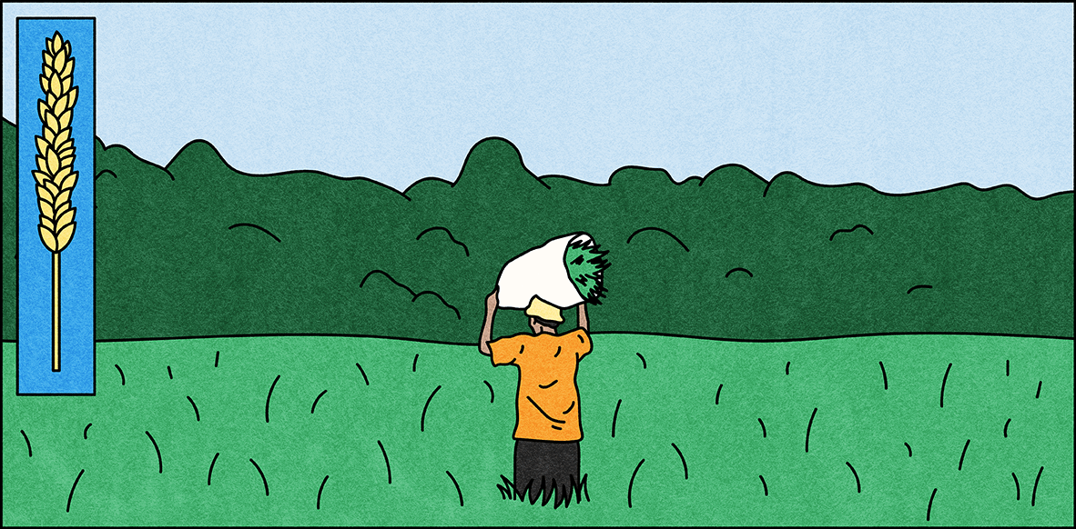 Illustration of a person in a green field carrying a bundle of crops