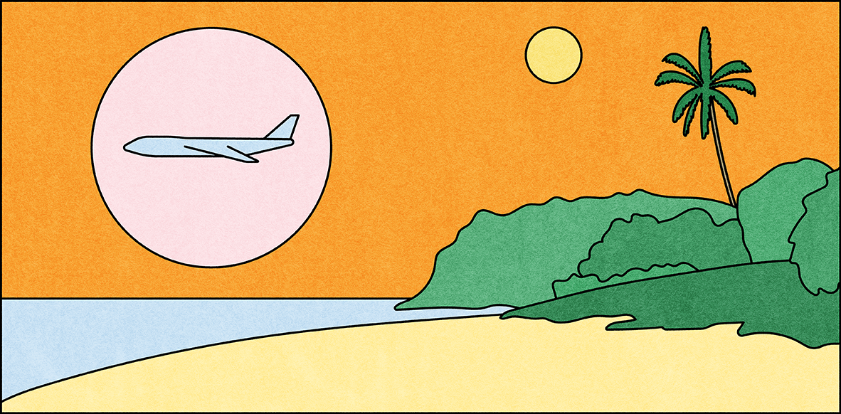 Illustration of a beach landscape with a plane in the background over the horizon